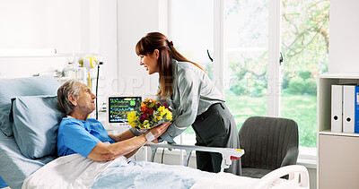 Buy stock photo Hospital, flowers and woman with senior mother for support, comforting and gift for surgery recovery. Healthcare, family and person with bouquet for elderly patient for healing, wellness and love