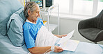 Senior woman, documents and happy in hospital bed with review, results and healthcare report for wellness. Elderly person, paperwork and smile for good news, healing and rehabilitation at clinic