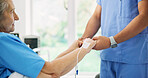 Nurse, hands or elderly patient with drip for healthcare recovery, cure or assisted living in clinic. Senior, female person or caregiver with help for health exam, checkup or treatment in hospital