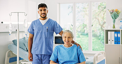 Buy stock photo Doctor, old woman and happy with wheelchair at hospital, portrait and care with support for recovery. Elderly person with disability, smile and rehabilitation with healthcare services at clinic