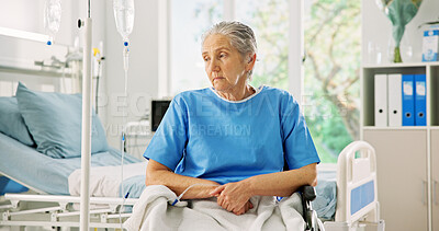 Buy stock photo Thinking, wheelchair and senior woman in hospital for healing, recovery and surgery with iv drip. Healthcare, thoughtful and elderly person resting for operation, diagnosis and treatment for wellness