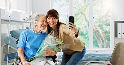 Buy stock photo Selfie, flowers and woman with mother in hospital for memory, bonding and gift for surgery recovery. Healthcare, picture and person with bouquet for elderly patient for healing, wellness and love