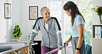 Happy woman, elderly patient or physiotherapist with walker rail for balance or stability in clinic. Senior, female person or health physio with assistance for muscle recovery or movement in practice