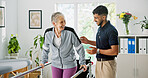 Man, elderly patient or physiotherapist with walker rail for balance or stability in clinic. Senior, male person or health physio with assistance or help for muscle recovery or movement in practice