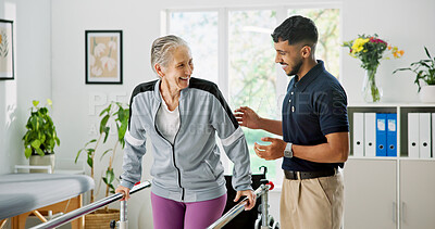 Buy stock photo Man, elderly patient or physiotherapist with walker rail for balance or stability in clinic. Senior, male person or health physio with assistance or help for muscle recovery or movement in practice