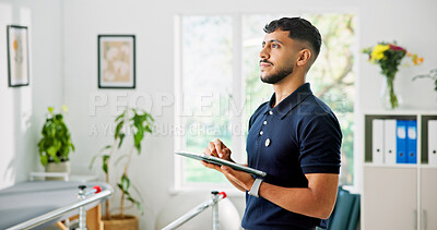Buy stock photo Physiotherapy, tablet and thinking with man in clinic for treatment plan, rehabilitation idea and healthcare. Online medical report, physical therapy progress and diagnosis reflection with person