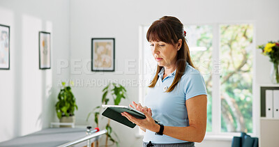 Buy stock photo Physiotherapy, tablet and reading with woman in clinic for treatment plan, rehabilitation schedule and healthcare. Online medical report, physical therapy progress and diagnosis results with person