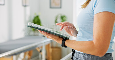 Buy stock photo Physiotherapy, tablet and hands with woman in clinic for treatment plan, rehabilitation schedule and healthcare. Online medical report, physical therapy progress and diagnosis results with person