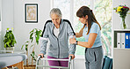 Physiotherapist, old woman and help in clinic with walker, rehabilitation or exercise for mobility. Medical support, healthcare worker and elderly person with disability, physical therapy or healing.