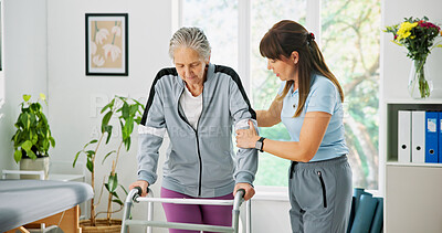 Buy stock photo Physiotherapist, old woman and help in clinic with walker, rehabilitation or exercise for mobility. Medical support, healthcare worker and elderly person with disability, physical therapy or healing.