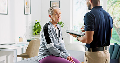 Buy stock photo Physiotherapy, tablet and consulting with old woman in clinic for treatment plan, rehabilitation and discussion. Online medical report, physical therapy progress and diagnosis advice with people