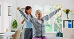 Woman, elderly patient or physiotherapist with dumbbells for weight lifting or exercise in clinic. Senior, female person or health physio with assistance or help for arm muscle recovery in practice