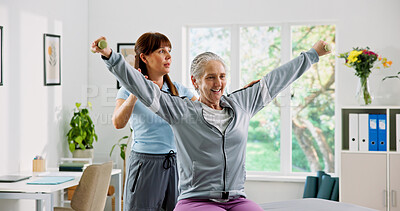 Buy stock photo Woman, elderly patient or physiotherapist with dumbbells for weight lifting or exercise in clinic. Senior, female person or health physio with assistance or help for arm muscle recovery in practice