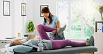 Woman, elderly patient or physiotherapist with leg movement for flexibility exercise in clinic. Senior, female person or health physio with assistance or help for joint or muscle recovery in practice