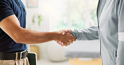 Buy stock photo Physiotherapy, man and patient with handshake in consultation for welcome, medical service and help. Healthcare, physical therapy and people shaking hands for thank you, healing progress and recovery
