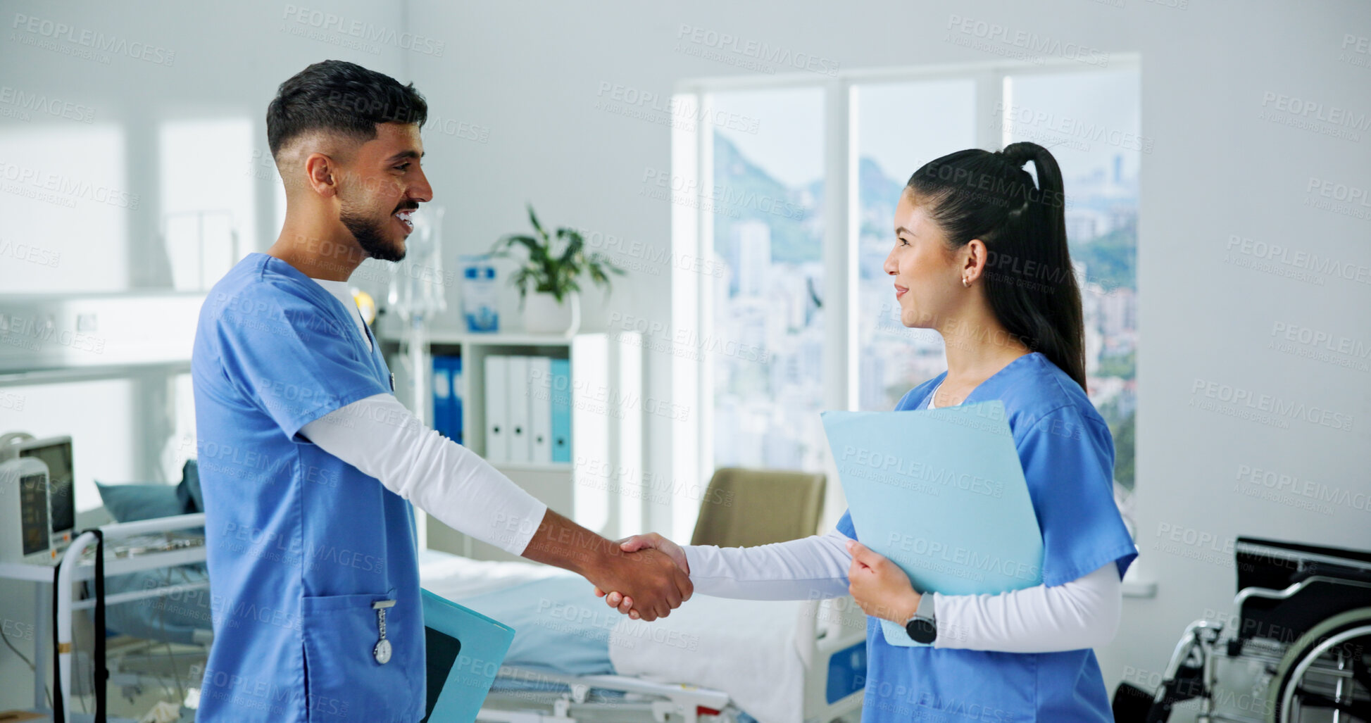 Buy stock photo People, doctors and shaking hands at clinic, happy and thanks with team for healthcare services. Man, woman and smile with handshake for success, achievement or goals with congratulations at hospital