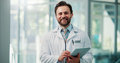 Buy stock photo Portrait, man and doctor with tablet in hospital for career pride, about us and medical results. Smile, male person and digital with ambition, healthcare services and Telehealth with surgery schedule