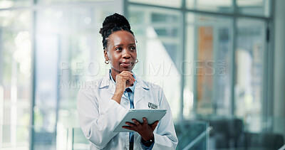 Buy stock photo Black woman, doctor and thinking with tablet in lobby, review and insight with report at clinic. African person, medical professional and perspective with tech, application or telehealth at hospital