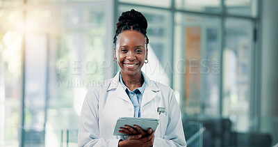 Buy stock photo Portrait, black woman and doctor with tablet in lobby for career pride, about us and medical results. Smile, person and digital with ambition, healthcare services and Telehealth with surgery schedule