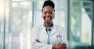 Buy stock photo Happy, black woman and portrait of doctor in hospital with confidence for medical career and support. Smile, professional and African female healthcare worker with pride for job development in clinic