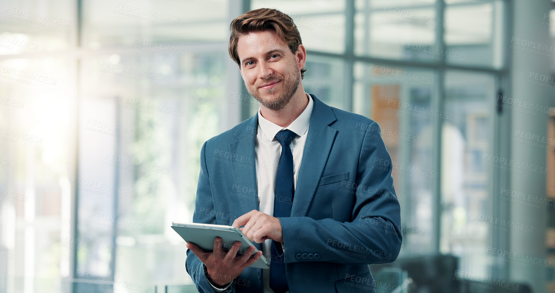 Buy stock photo Happy, tablet and portrait of businessman in office for finance, investment and trading research. Corporate, financial advisor and person on digital tech for website, proposal and confidence in lobby