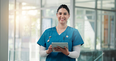 Buy stock photo Tablet, woman and portrait of nurse in hospital with medical research, telehealth or online support. Happy, digital technology and female healthcare worker with surgery schedule in clinic hallway.