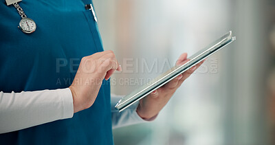 Buy stock photo Medical, hands and nurse with tablet in hospital for healthcare report, telehealth or schedule. Health professional, person and digital app for clinic database, check surgery calendar and planning