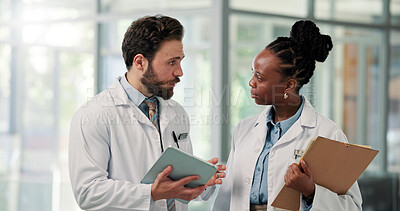 Buy stock photo Meeting, hospital and people on tablet and clipboard for patient results, diagnosis and medical advice. Healthcare, clinic and man and woman on digital tech for research, surgery and treatment plan