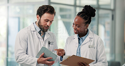 Buy stock photo Discussion, hospital and people on tablet and paperwork for patient results, diagnosis or medical advice. Healthcare, clinic and man and woman on digital tech for research, teamwork or treatment plan