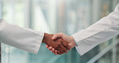 Buy stock photo Shaking hands, doctors and recruitment at clinic, lobby and thanks with agreement for hiring. People, medical staff and handshake for success, welcome or deal with onboarding in hospital hallway
