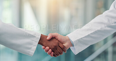Buy stock photo Shaking hands, doctors and welcome in hospital, lobby and thanks with agreement for hiring. People, medical staff and handshake for success, recruitment or deal with onboarding in clinic hallway