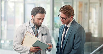 Buy stock photo Doctor, businessman and tablet with meeting in clinic for appeal process, clarify billing info or claim. Health insurance specialist, men and tech in hospital for case management and policy coverage