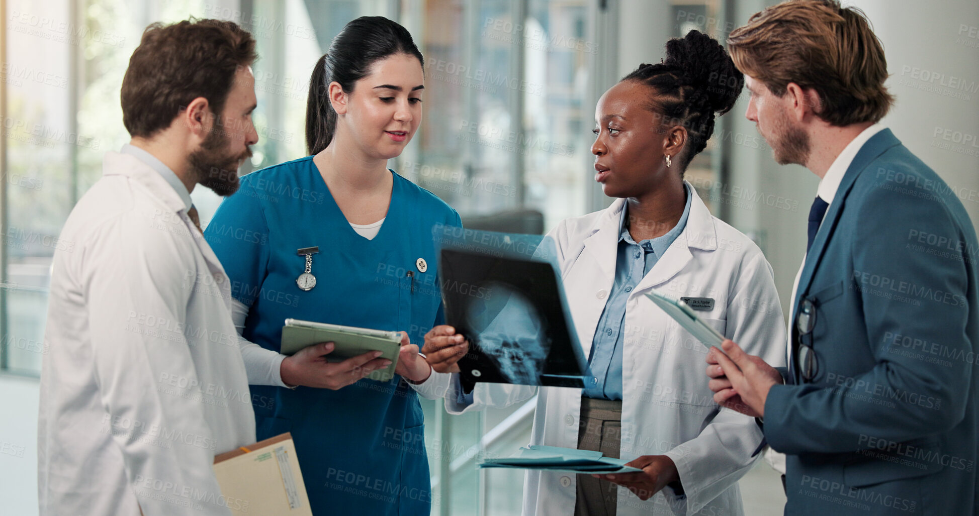 Buy stock photo Xray, discussion and team of doctors with nurse in hospital for medical diagnosis in collaboration. Radiography image, tablet and group of healthcare employees with treatment planning in clinic