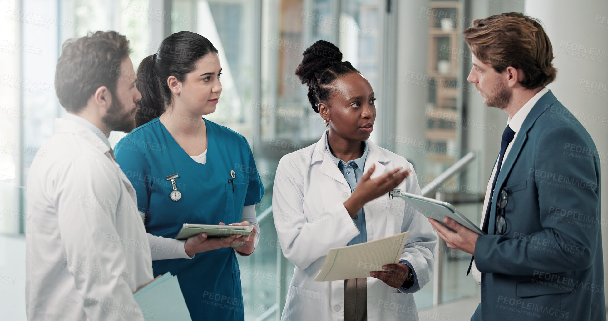 Buy stock photo Businessman, doctors or meeting with folder in clinic for medical admin, patient system or planning. People, healthcare team and HR manager with tech for insurance claim, staff policy and compliance