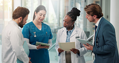 Buy stock photo Businessman, doctors and nurse with tablet in clinic for medical admin, patient system or feedback. People, healthcare team and HR manager with tech for insurance claim, staff policy and compliance