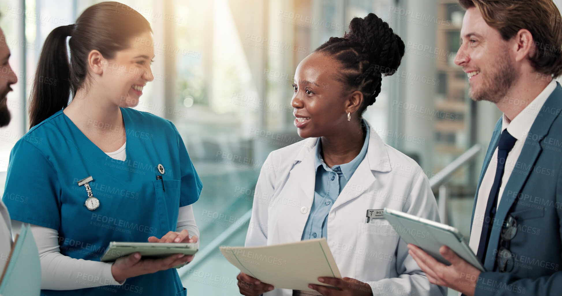 Buy stock photo Businessman, doctors and nurse with meeting in clinic for surgery funding, action plan or feedback. Medical chart, people and team with tech for resource allocation, hospital management and planning