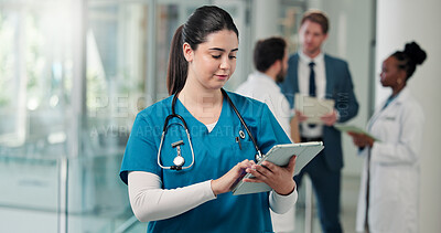 Buy stock photo Doctor, woman and scroll on tablet in clinic for medical report, online results or surgery schedule. Hospital staff, professional and browsing on tech for telehealth, insurance info and patient data
