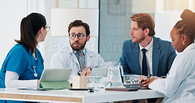 Buy stock photo Consulting, planning and doctors with business person in meeting for research grant, partnership and feedback. Healthcare, medical funding and approval with team in hospital for investment support