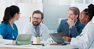 Buy stock photo Consulting, meeting and doctors with business person in planning for research grant, partnership and feedback. Healthcare, medical funding and approval with team in hospital for investment support