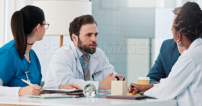 Buy stock photo Conversation, meeting and doctors with business person in planning for research grant, partnership and feedback. Healthcare, medical funding and approval with team in hospital for investment support