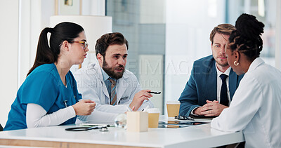 Buy stock photo Businessman, doctors and nurse with meeting in clinic for research grant, vaccine trial or planning. Healthcare, people and staff with discussion for medical funding, investment opportunity or update