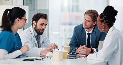 Buy stock photo Brainstorming, meeting and doctors with business person in planning for research grant or partnership. Healthcare, medical funding and support with team in hospital for investment collaboration deal