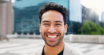 Buy stock photo Real estate, portrait and man in city, smile and property investment with confidence. Asian person, outdoor and happy agent with urban development, pride and realtor with career ambition and about us