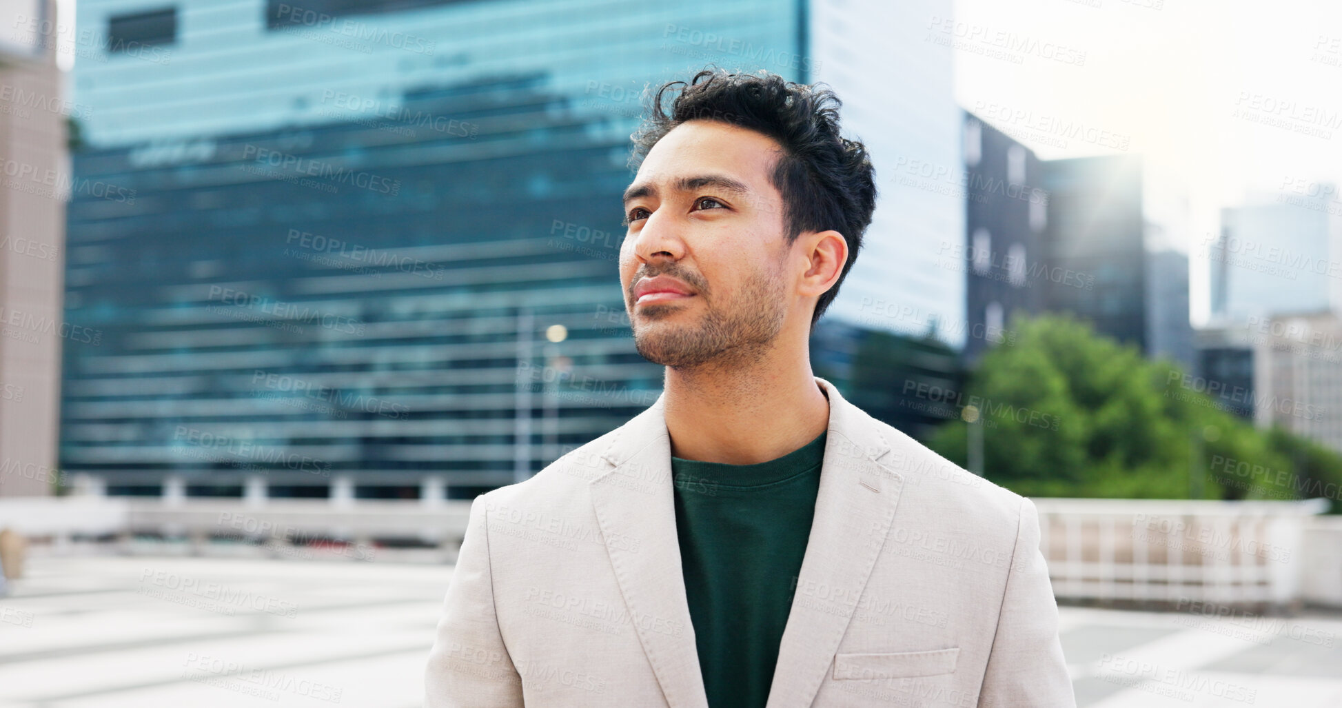 Buy stock photo Buildings, future and opportunity with business man in city for career ambition or travel. Ideas, thinking and vision with corporate employee outdoor in urban town for commute or development