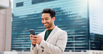 Businessman, phone and happy with texting in city, travel and good news for real estate deal on rooftop. Person, smartphone and property investor with smile, mobile app and contact for building sale