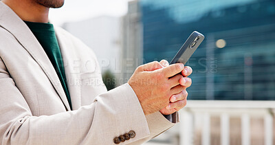 Buy stock photo Outdoor, business person and hands with phone for networking, typing message or online communication. City, texting or employee with social media app for connection, browsing internet or digital chat