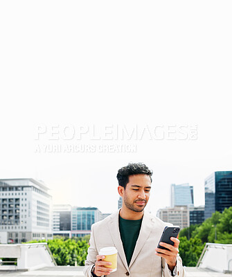 Buy stock photo City, coffee cup or businessman with phone for commute, check social media or work schedule for tasks. Mockup space, urban or person on morning journey with mobile,  reading chat or caffeine beverage
