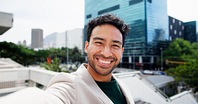 Buy stock photo Happy businessman, portrait and city with selfie for photography, memory or work trip. Man, employee or picture with smile or pride for capture moment, travel or business commute in an urban town