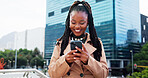 Real estate, smile and black woman in city, smartphone and typing with commute, opportunity and internet. Excited, realtor or African person with cellphone, network or email for property investment