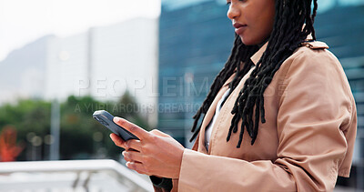 Buy stock photo Woman, hands and research with phone in city for social media, company app or communication. Female person, employee or typing with mobile smartphone for network, connection or chat in an urban town